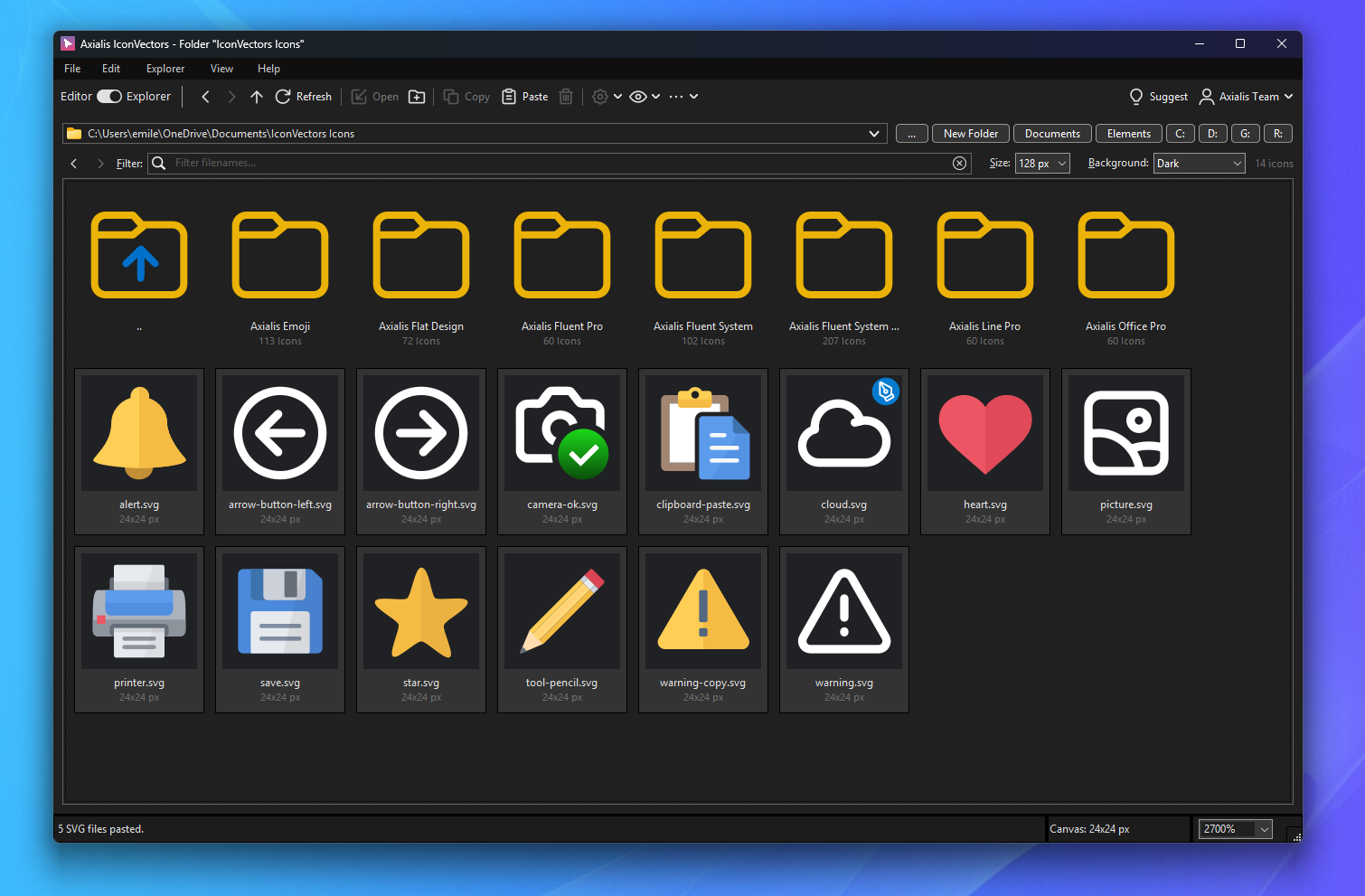 IconVectors 2.0 Icon Explorer browsing SVG folders and icon thumbnails